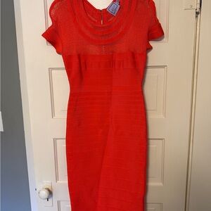 Herve Leger Vibrant Red Orange Midi Dress